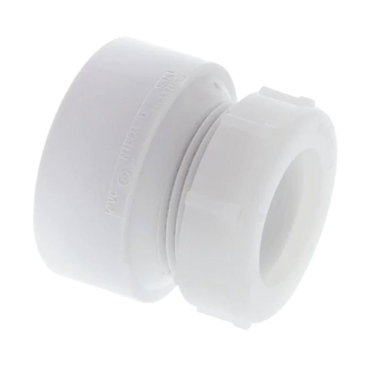 The Go Build 1-1/2 in. x 1-1/4 in. PVC DWV Hub x Slip-Joint Trap Adapter connects pipes or fittings in plumbing systems with a hub and slip-joint design.